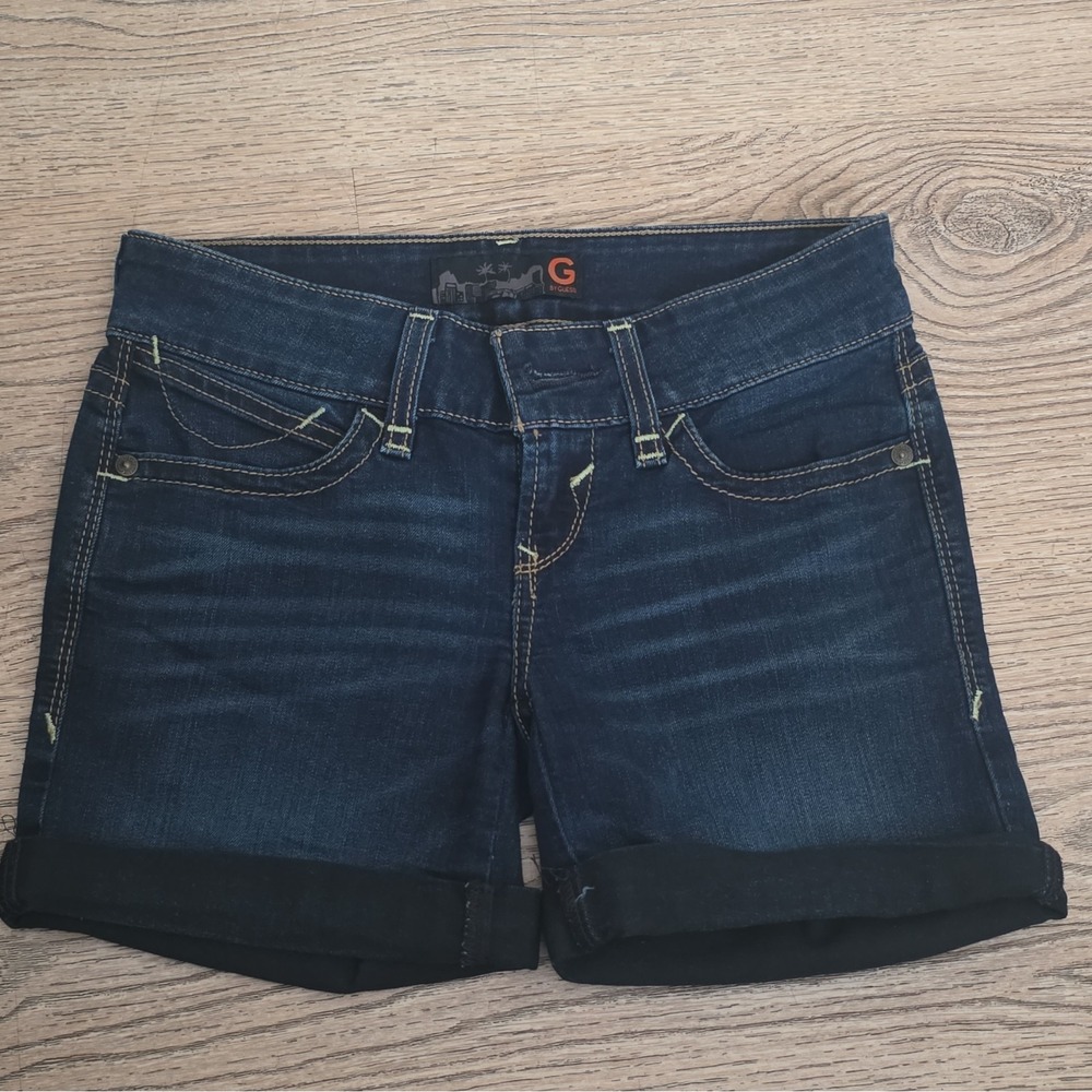 G by GUESS Women's Blue Denim Bermuda Shorts Size 24 Dark Wash Mid Rise Cuffed